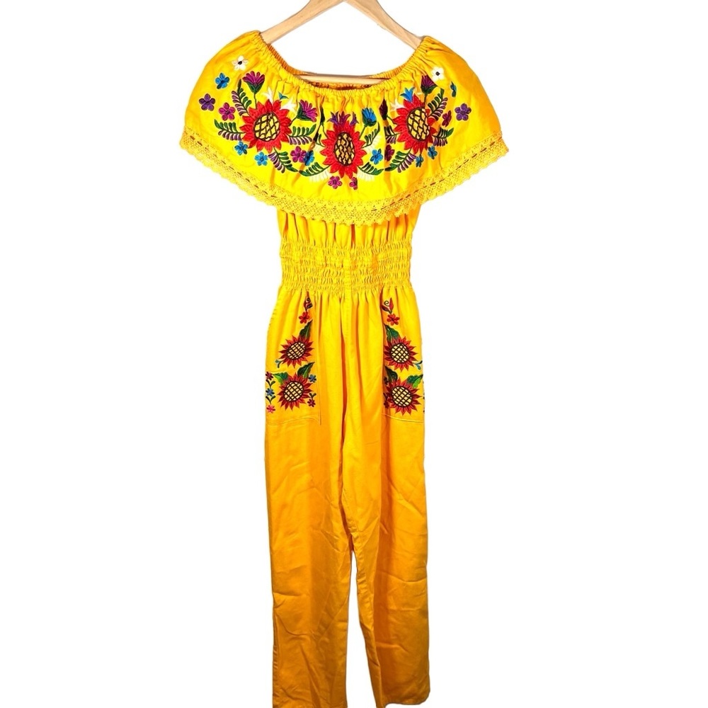 Mexican Boho Embroidered Off Shoulder Yellow Floral Sunflower Jumpsuit w/Pockets